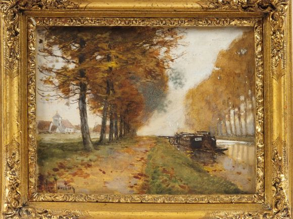 Ecole française début XXe, "Canal en automne". Aquarelle. Signée en ba