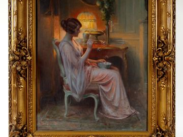 D. ENJOLRAS, "Jeune fille aux bulles de savon". Huile sur toile, dans 