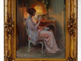 Vente aux enchères D. ENJOLRAS, "Jeune fille aux bulles de savon". Huile sur toile, dans 