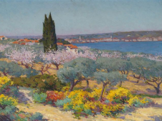 Vente aux enchères D. GERARD, « Paysage du Midi ».Huile sur panneau. Signée en bas à droi