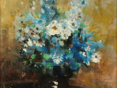 J.R. HERVE, "Bouquet de fleurs sur une table". Huile sur toile signée 