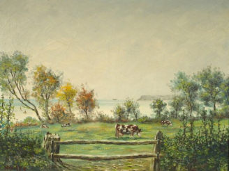 Vente aux enchères A. NOIRE, "Vaches en bord de mer". Huile sur toile signée en bas à gau
