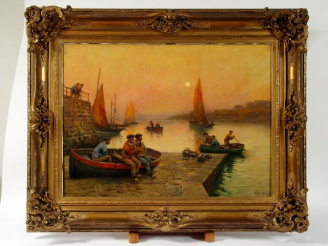 Vente aux enchères G. MARONIEZ, "Pêcheurs dans un port breton". Huile sur toile dans son 