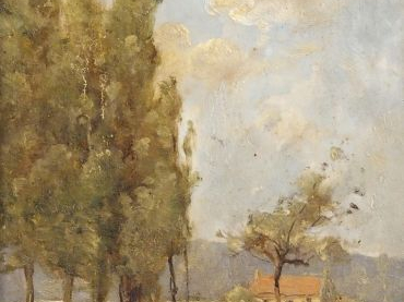TROUILLEBERT, "Sentier au bord de la Loire". Huile sur panneau. Signée