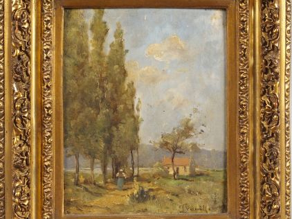 TROUILLEBERT, "Sentier au bord de la Loire". Huile sur panneau. Signée