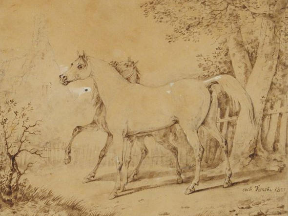 Carle VERNET, "Les chevaux". Dessin au lavis. Signé en bas à droite et