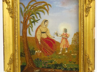 Soie brodée XIXème 'Sainte Joseph et l'enfant Jésus' 31,5 x 24 cm