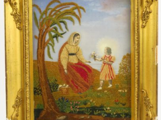 Vente aux enchères Soie brodée XIXème 'Sainte Joseph et l'enfant Jésus' 31,5 x 24 cm