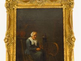 Vente aux enchères Ecole du Nord XVIIIe 'La fileuse'.  Huile sur toile.  32 x 24 cm  (res