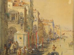 Ecole italienne XIX ème 'Vue animée de Venise'.  Aquarelle.  Signée en