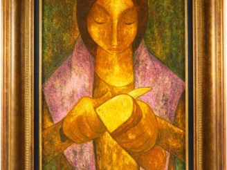 Vente aux enchères F. BAJEN 'Le pain rompu' Huile sur toile, signée en haut à droite 65 x