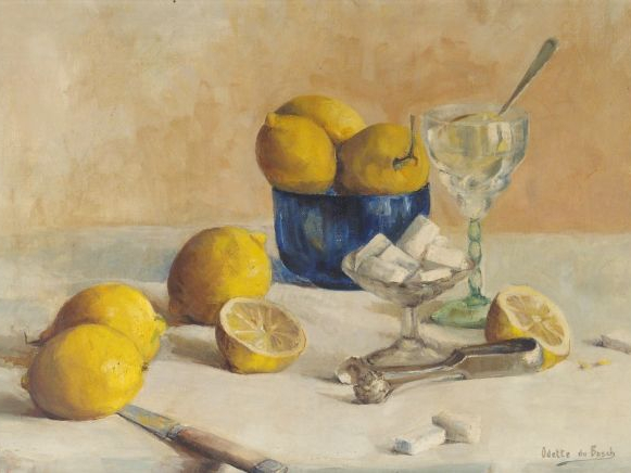 Odette du BOSCH "Les citrons" Huile sur toile. Signée en bas à droite.