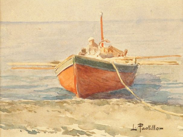 L. PASTILLON "La barque". Aquarelle, signée en bas à droite. 13,5 x 17