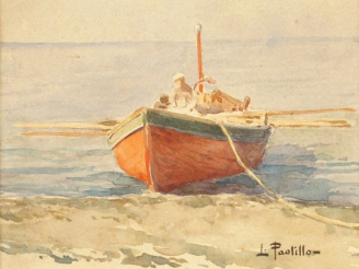 Vente aux enchères L. PASTILLON "La barque". Aquarelle, signée en bas à droite. 13,5 x 17