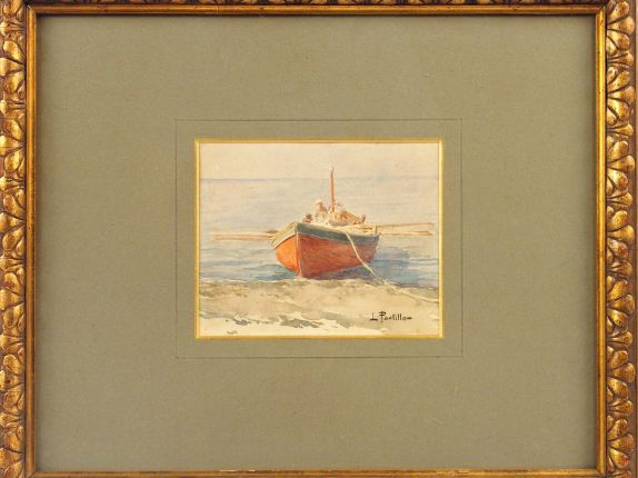 L. PASTILLON "La barque". Aquarelle, signée en bas à droite. 13,5 x 17