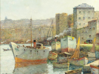 Vente aux enchères Albert REGAGNON "Le port de Marseille". Huile sur panneau, signée en b