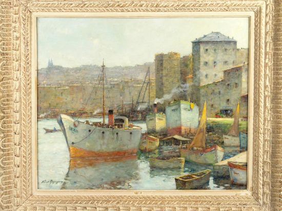 Albert REGAGNON "Le port de Marseille". Huile sur panneau, signée en b