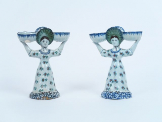 Vente aux enchères Paire de salerons doubles XIXème en faience polychrome de Desvres en f