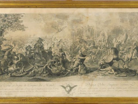 Grande gravure XVIIème par Picault d'après Charles Lebrun 'la vertu es