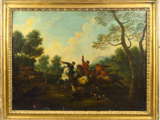 Vente aux enchères Ecole française XVIIème 'Scène de chasse'.  Huile sur toile 75 x 99 cm