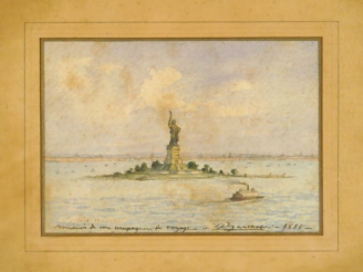 Vente aux enchères BARTHOLDI 'Vue de Liberty Island'. Aquarelle signée en bas à droite, d