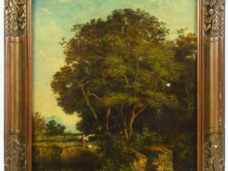 Vente aux enchères Emile BERTRAND 'La lavandière dans un paysage au grand arbre'.  Huile 
