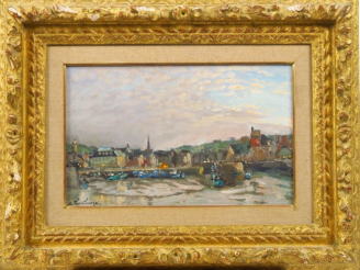 Vente aux enchères A. HAMBOURG 'Honfleur, fin de jour en septembre'.  Huile sur toile, si