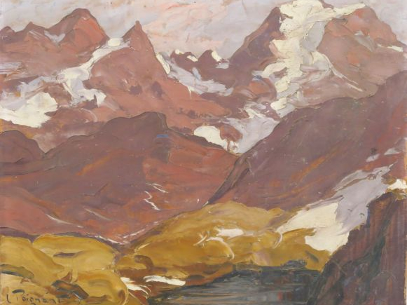 POIGNANT 'Lac de montagne, la Grande casse'.  Huile sur panneau, signé