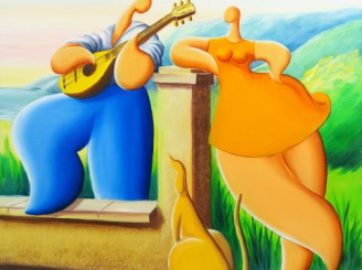 Vente aux enchères TOUTAIN. 'Un petit air'.  Huile sur toile, signée en bas à droite 60 x