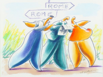 Vente aux enchères TOUTAIN. 'Tous les chemins mènent à Rome'.  Aquarelle, signée en bas à