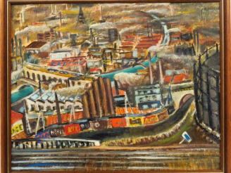Vente aux enchères Ecole française Xxe. 'Vue d'usine'.  Huile sur panneau.  33 x 40 cm.