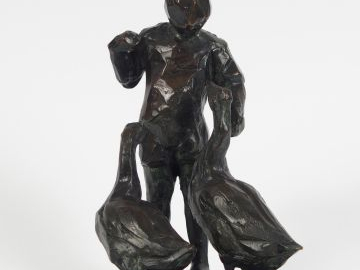 CF. KORTHAL, "Garçon et deux oies". Sculpture en bronze à patine brune