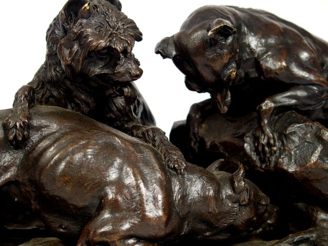 PJ. MENE, "Les trois chiens de chasse au terrier". Groupe en bronze à 
