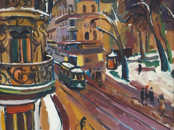 RENEE ASPE, "Toulouse, jour de neige". Huile sur carton signée en bas 