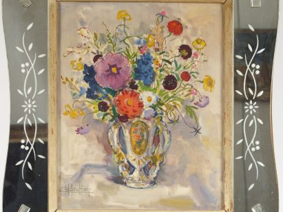 E. BOUILLIERES, "Bouquet de fleurs dans un vase". Huile sur toile, sig