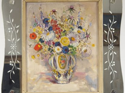 E. BOUILLIERES, "Bouquets de fleurs dans un vase". Huile sur toile sig