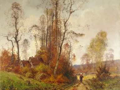 CHARLES CLAIR, "Paysanne cheminant". Huile sur toile, signée en bas à 