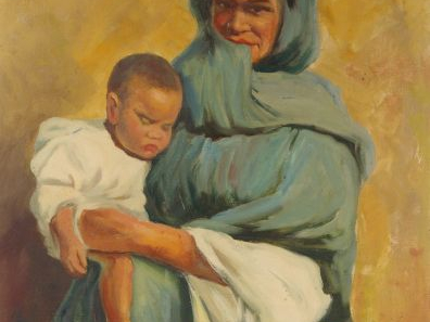 E. DUTRIEZ, "Bédouine et son enfant". Huile sur toile, signée en bas à