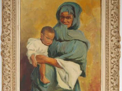 E. DUTRIEZ, "Bédouine et son enfant". Huile sur toile, signée en bas à