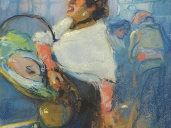 FORTUNEY, "Vendeuse de poissons sur le port de Marseille". Pastel sign