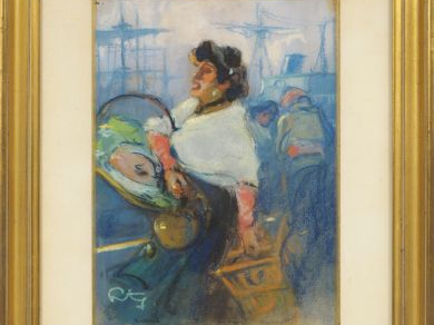 FORTUNEY, "Vendeuse de poissons sur le port de Marseille". Pastel sign