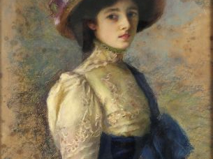 Berthe HAINAUT "Portrait d'élégante au chapeau". Pastel, signé en bas 
