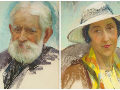 Berthe HAINAUT "Portrait d'homme et d'élégante au chapeau". Paire de p