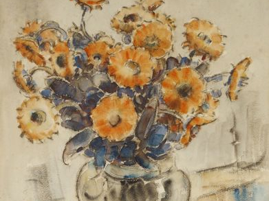 Maurice JOURNAUX, "Bouquet de fleurs dans un vase". Aquarelle, signée 