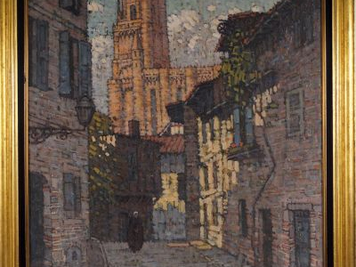JAN RIKAR, "La rue des prêtres à Albi". Huile sur toile, signée en bas