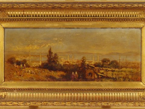 Ecole orientaliste XIXe, "Paysage et ville portuaire d'Afrique du Nord