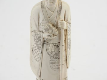 Sujet en ivoire du Japon fin XIXème début XXème 'l'homme au chat'. H. 