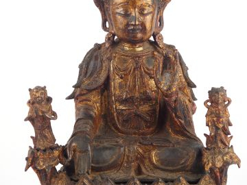 Groupe en bronze laqué et doré représentant Juayin assis sur un lotus 