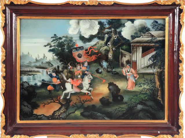 Suite de 8 fixés sous verre 'personnages et scènes de cour' (un accide