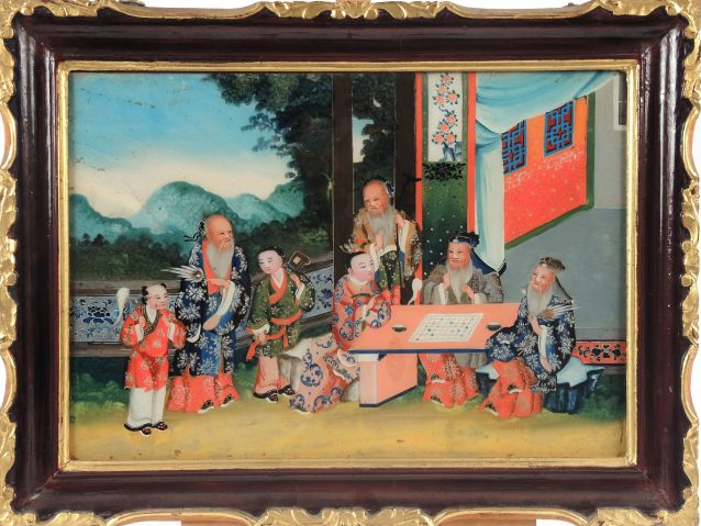 Suite de 8 fixés sous verre 'personnages et scènes de cour' (un accide